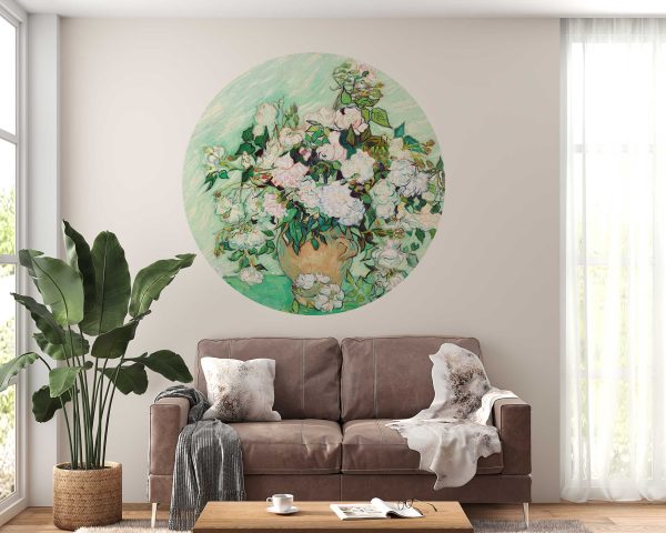 Vintage Floral Oil Painting Wall Decal - Van Gogh Retro Circle Mural Sticker Living Room Decor - Headboard sticker for Bedroom Wall Art