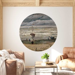 Vintage Seaside Oil Painting Wall Decal - Van Gogh Circle Wall Sticker - Retro Coastal Home Decor - Textured Countryside Art Mural