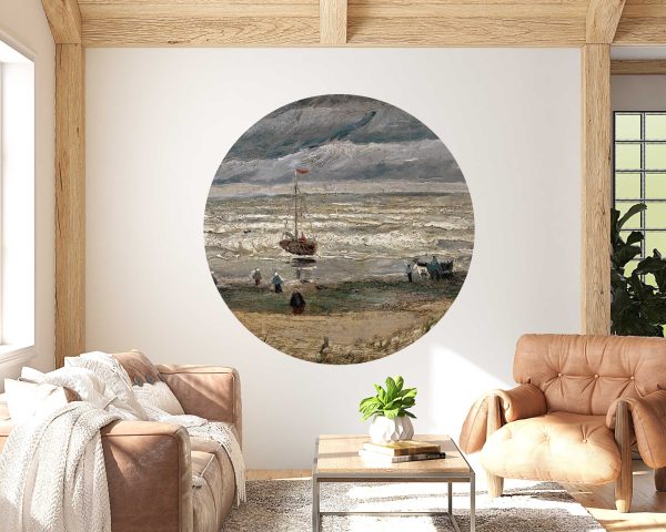 Vintage Seaside Oil Painting Wall Decal - Van Gogh Circle Wall Sticker - Retro Coastal Home Decor - Textured Countryside Art Mural