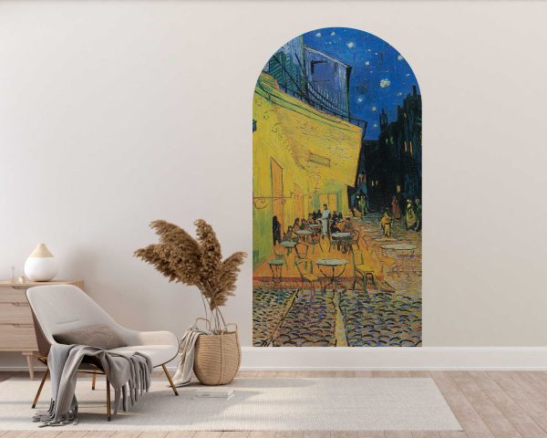 Van Gogh Vintage Arch Wall Decal - Cafe Terrace at Night Retro Oil Painting Mural - Headboard Decor for Bedroom & Living Room