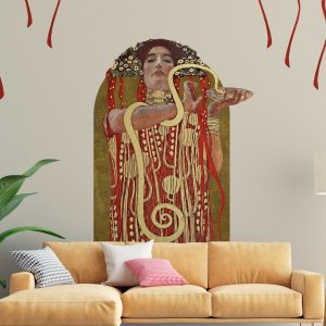 Gustav Klimt Hygieia Arch Wall Sticker Mural - Iconic Art Nouveau Red and Gold Portrait for Bedroom, Living Room, or Office Decor