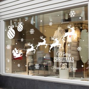 Merry Christmas Window Decals with Santa Sleigh Reindeer Snowflakes and Ornaments White Vinyl Stickers for Storefront Holiday Decor