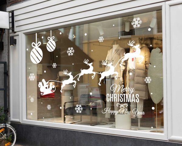 Merry Christmas Window Decals with Santa Sleigh Reindeer Snowflakes and Ornaments White Vinyl Stickers for Storefront Holiday Decor
