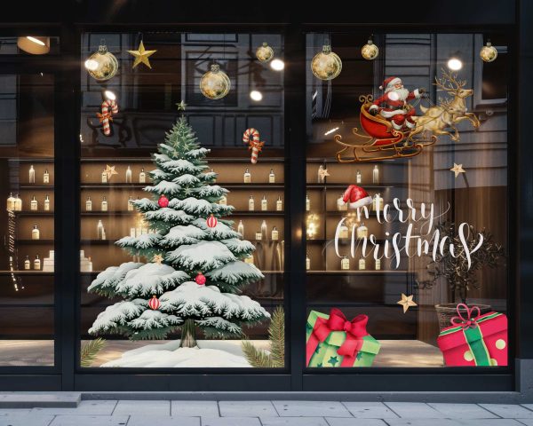 Christmas Shop Window Decals Santa Sleigh Tree Gift Vinyl Stickers Festive Storefront Holiday Decorations Durable Seasonal Graphics