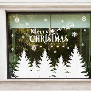 Merry Christmas Window Decals with Snowy Trees Santa Sleigh and Snowflakes White Vinyl Stickers for Storefront Holiday Decor