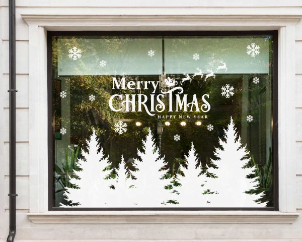 Merry Christmas Window Decals with Snowy Trees Santa Sleigh and Snowflakes White Vinyl Stickers for Storefront Holiday Decor