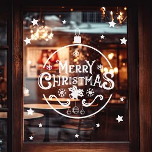 Merry Christmas Window Decals with Ornament Design Snowflakes Stars and Reindeer White Vinyl Stickers for Festive Storefront Decor