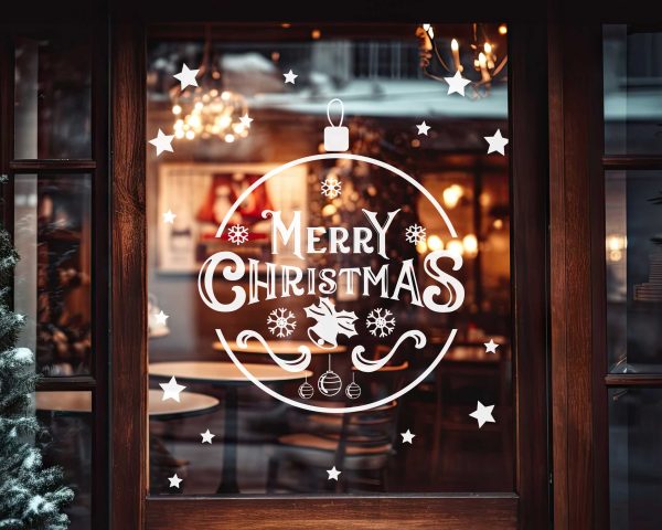 Merry Christmas Window Decals with Ornament Design Snowflakes Stars and Reindeer White Vinyl Stickers for Festive Storefront Decor