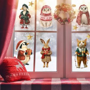 Cute Animal Christmas Window Decals with Festive Cat Penguin Dog Rabbit Owl and Stars Vinyl Stickers for Holiday Decor
