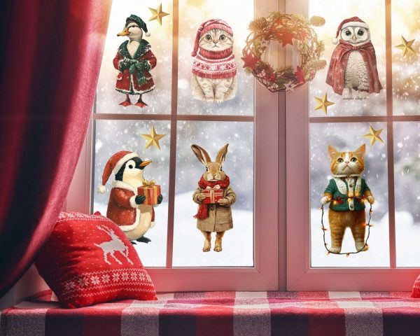 Cute Animal Christmas Window Decals with Festive Cat Penguin Dog Rabbit Owl and Stars Vinyl Stickers for Holiday Decor