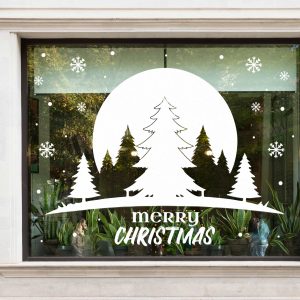 Merry Christmas Window Decals with Snowy Forest Moon Snowflakes and Holiday Text White Vinyl Stickers for Storefront Decorations