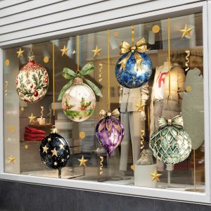 Elegant Christmas Ornament Window Decals with Gold Stars Hanging Baubles Festive Vinyl Stickers for Storefront Holiday Decor