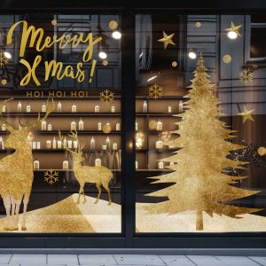 Gold Merry Xmas Window Decals with Glitter Reindeer Christmas Tree Stars and Snowflakes Vinyl Stickers for Festive Storefront Decor