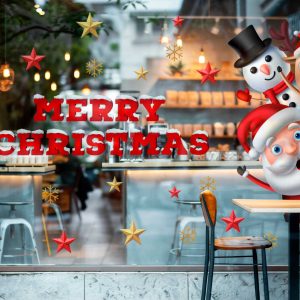 Merry Christmas Window Decals with Santa Snowman Reindeer Stars and Snowflakes Festive Vinyl Stickers for Holiday Storefront Decor