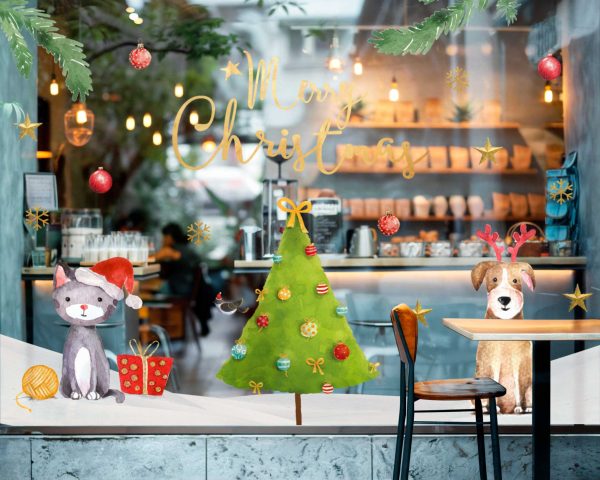Christmas Window Decals with Cat Dog Christmas Tree Ornaments Stars and Merry Christmas Text for Festive Storefront Holiday Decor