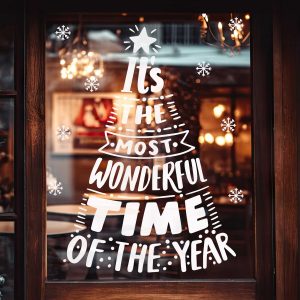Christmas Window Decals with Most Wonderful Time of the Year Text Tree Shape and Snowflakes White Vinyl Stickers for Holiday Decor