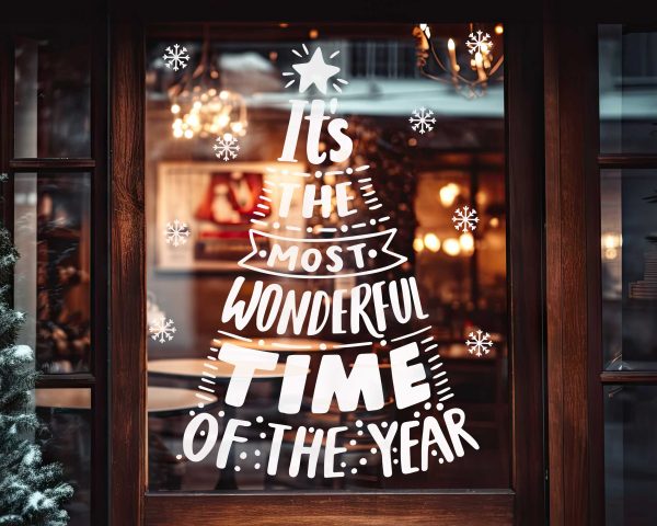 Christmas Window Decals with Most Wonderful Time of the Year Text Tree Shape and Snowflakes White Vinyl Stickers for Holiday Decor