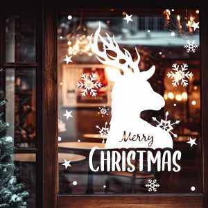 Reindeer Merry Christmas Window Decals with Snowflakes Stars White Vinyl Stickers for Festive Storefront Holiday Decorations