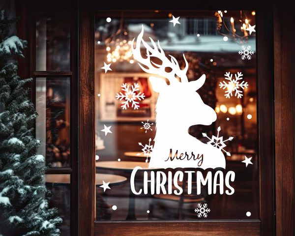 Reindeer Merry Christmas Window Decals with Snowflakes Stars White Vinyl Stickers for Festive Storefront Holiday Decorations