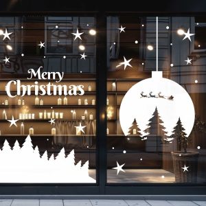 Merry Christmas Window Decals with Ornament Forest Santa Sleigh and Stars White Vinyl Stickers for Holiday Storefront Decorations