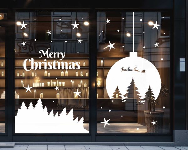 Merry Christmas Window Decals with Ornament Forest Santa Sleigh and Stars White Vinyl Stickers for Holiday Storefront Decorations