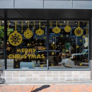 Merry Christmas Window Decals with Hanging Ornaments Snowflakes and Stars White Vinyl Stickers for Storefront Holiday Decorations
