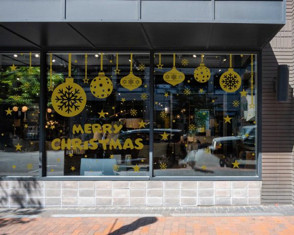 Merry Christmas Window Decals with Hanging Ornaments Snowflakes and Stars White Vinyl Stickers for Storefront Holiday Decorations