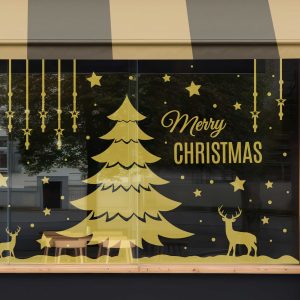 Merry Christmas Window Decals with Christmas Tree Reindeer Hanging Stars and Snowflakes White Vinyl Stickers for Storefront Holiday Decor