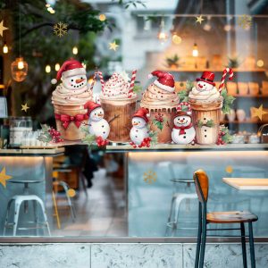 Christmas Window Decals for Shops with Festive Snowmen Hot Cocoa Cupcakes and Stars Vinyl Stickers for Seasonal Storefront Holiday Decor