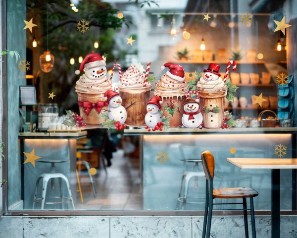 Christmas Window Decals for Shops with Festive Snowmen Hot Cocoa Cupcakes and Stars Vinyl Stickers for Seasonal Storefront Holiday Decor