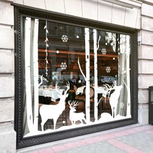 Winter Forest Christmas Window Decals with Deer Trees and Snowflakes White Vinyl Stickers for Elegant Storefront Holiday Decor