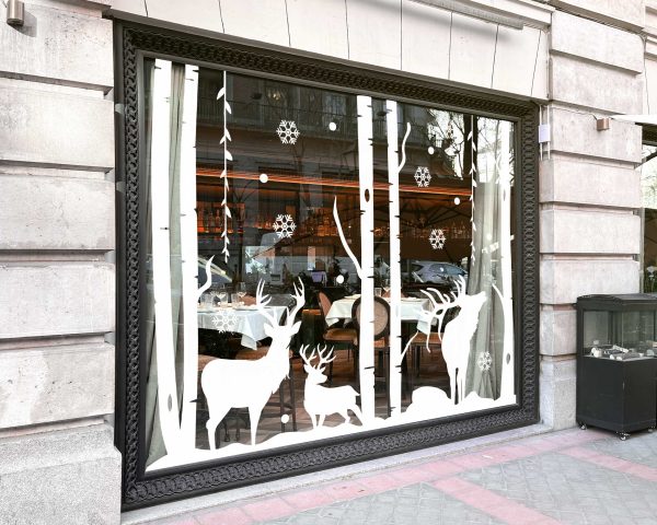 Winter Forest Christmas Window Decals with Deer Trees and Snowflakes White Vinyl Stickers for Elegant Storefront Holiday Decor