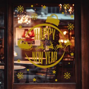 Happy New Year Window Decals with Santa Sleigh Reindeer Snowflakes and Gold Ornament Design Vinyl Stickers for Festive Storefront Decor