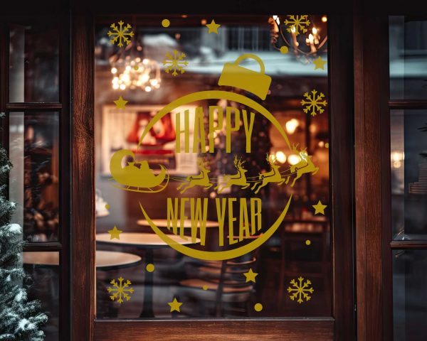 Happy New Year Window Decals with Santa Sleigh Reindeer Snowflakes and Gold Ornament Design Vinyl Stickers for Festive Storefront Decor