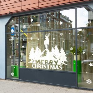 Merry Christmas Window Decals with Reindeer Trees Snowflakes Stars White Vinyl Stickers for Storefront Holiday Decorations