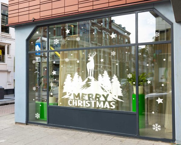 Merry Christmas Window Decals with Reindeer Trees Snowflakes Stars White Vinyl Stickers for Storefront Holiday Decorations