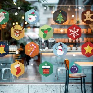 Colorful Christmas Window Decals with Santa Snowman Reindeer Snowflakes and Holiday Icons Vinyl Stickers for Storefront Decorations