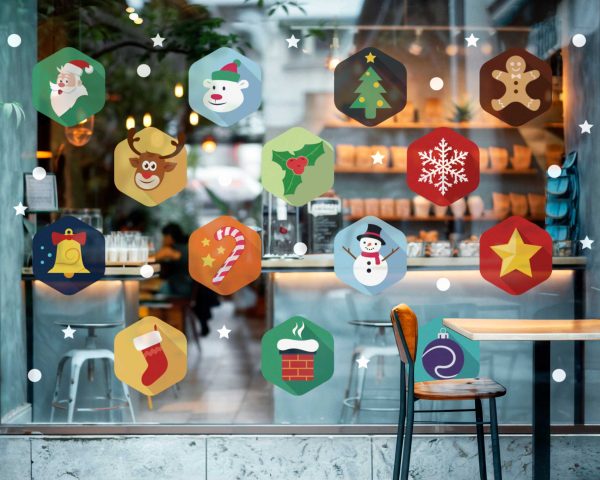 Colorful Christmas Window Decals with Santa Snowman Reindeer Snowflakes and Holiday Icons Vinyl Stickers for Storefront Decorations