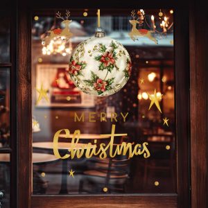 Merry Christmas Window Decals with Ornament Reindeer Gold Stars and Poinsettia Design Vinyl Stickers for Festive Storefront Decor