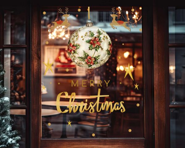 Merry Christmas Window Decals with Ornament Reindeer Gold Stars and Poinsettia Design Vinyl Stickers for Festive Storefront Decor