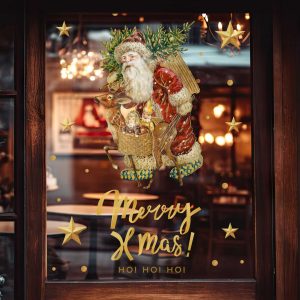 Merry Xmas Window Decals with Santa Gold Stars and Ho Ho Ho Text Vinyl Stickers for Festive Storefront Holiday Decor
