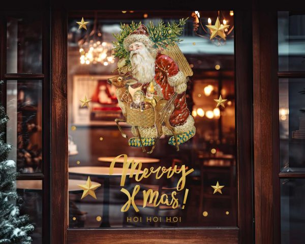 Merry Xmas Window Decals with Santa Gold Stars and Ho Ho Ho Text Vinyl Stickers for Festive Storefront Holiday Decor