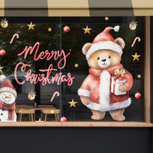 Merry Christmas Window Decals with Santa Bear Snowman Gold Stars Candy Canes and Ornaments Vinyl Stickers for Festive Storefront Decor