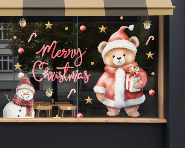 Merry Christmas Window Decals with Santa Bear Snowman Gold Stars Candy Canes and Ornaments Vinyl Stickers for Festive Storefront Decor