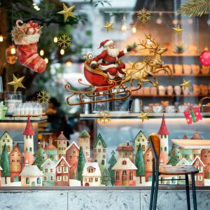 Santa Sleigh and Reindeer Christmas Window Decals with Village Stocking Gifts Stars and Snowflakes Vinyl Stickers for Holiday Decor
