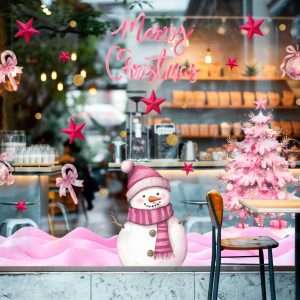 Pink Merry Christmas Window Decals with Snowman Pink Tree Candy Canes Stars and Ornaments Vinyl Stickers for Festive Holiday Decor