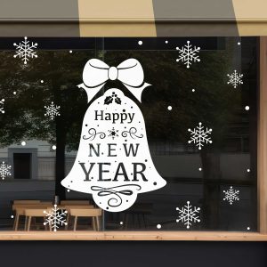 Happy New Year Window Decals with Festive Bell Design Snowflakes and Bow White Vinyl Stickers for Holiday Storefront Decor