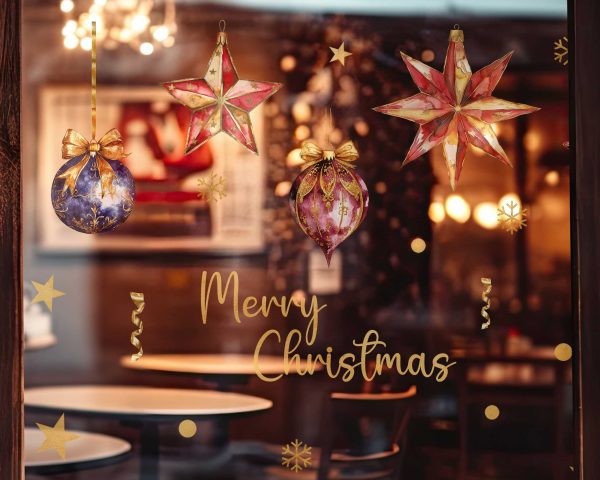 Christmas Window Decals with Hanging Stars Ornaments Snowflakes and Merry Christmas Text Vinyl Stickers for Seasonal Storefront Decor