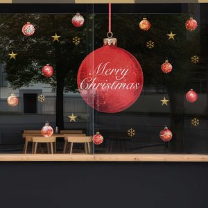 Christmas Window Decals with Large Red Ornament Merry Christmas Text Stars and Snowflakes Vinyl Stickers for Storefront Holiday Decor