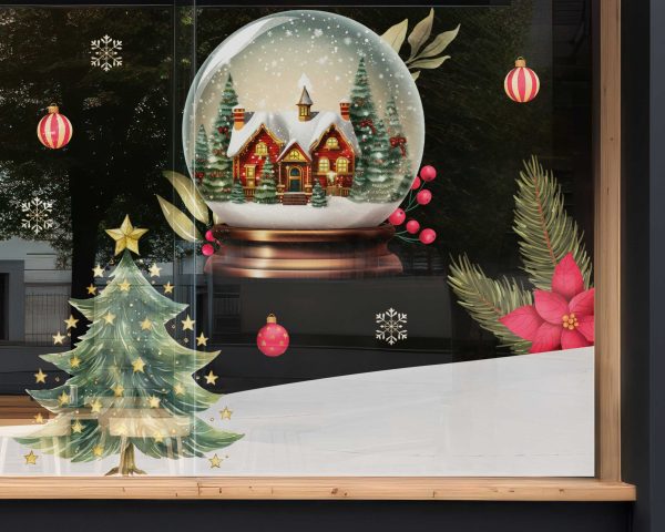 Christmas Window Decals with Snow Globe Christmas Tree Snowflakes and Ornaments Vinyl Stickers for Festive Storefront Holiday Decor